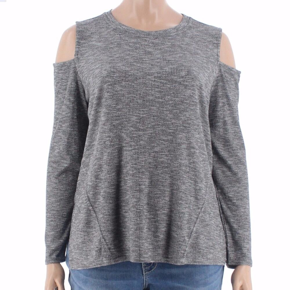 Rachel Roy Cold‎ Shoulder Knit Sweater 2X Heather Grey Ribbed Top Long Sleeve